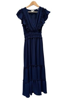 Max Studio Navy Ruffle Sleeve Maxi Dress